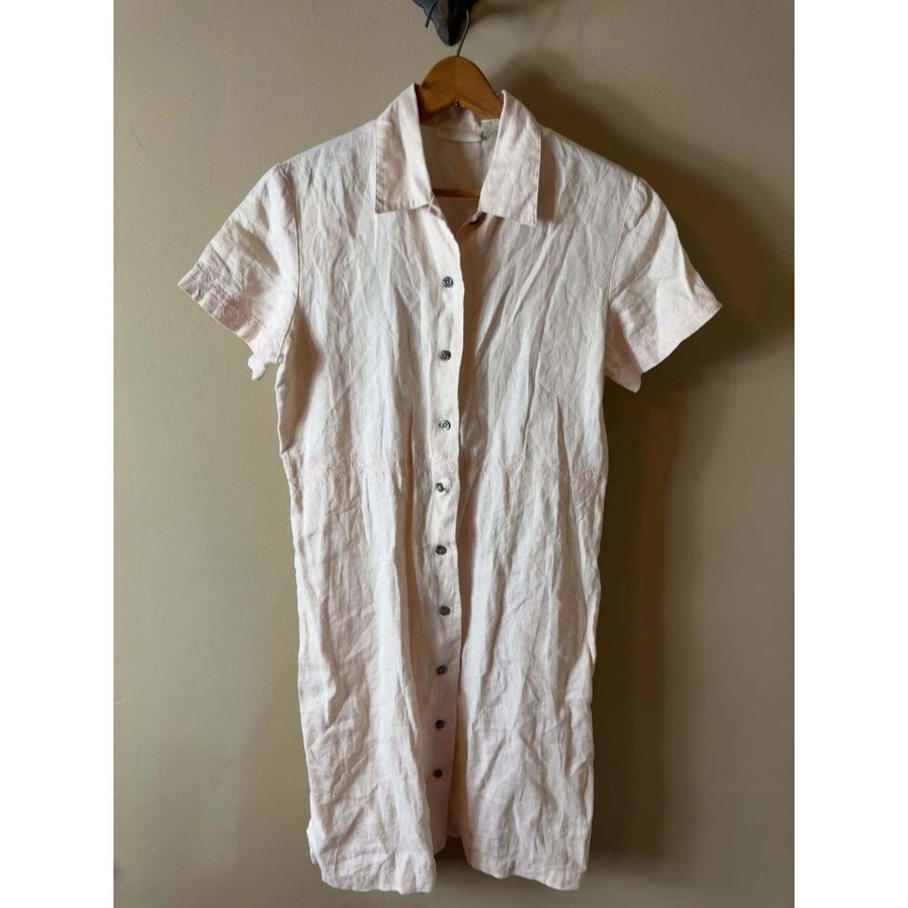 J. Jill XSM 100% Linen Button Front T-Shirt Dress Dust Pink Embroidery Summer